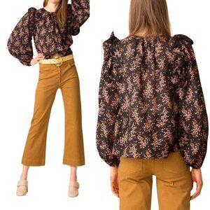 Ulla Johnson Medine Floral Balloon Sleeve Blouse, Size 2, Jet/Black
